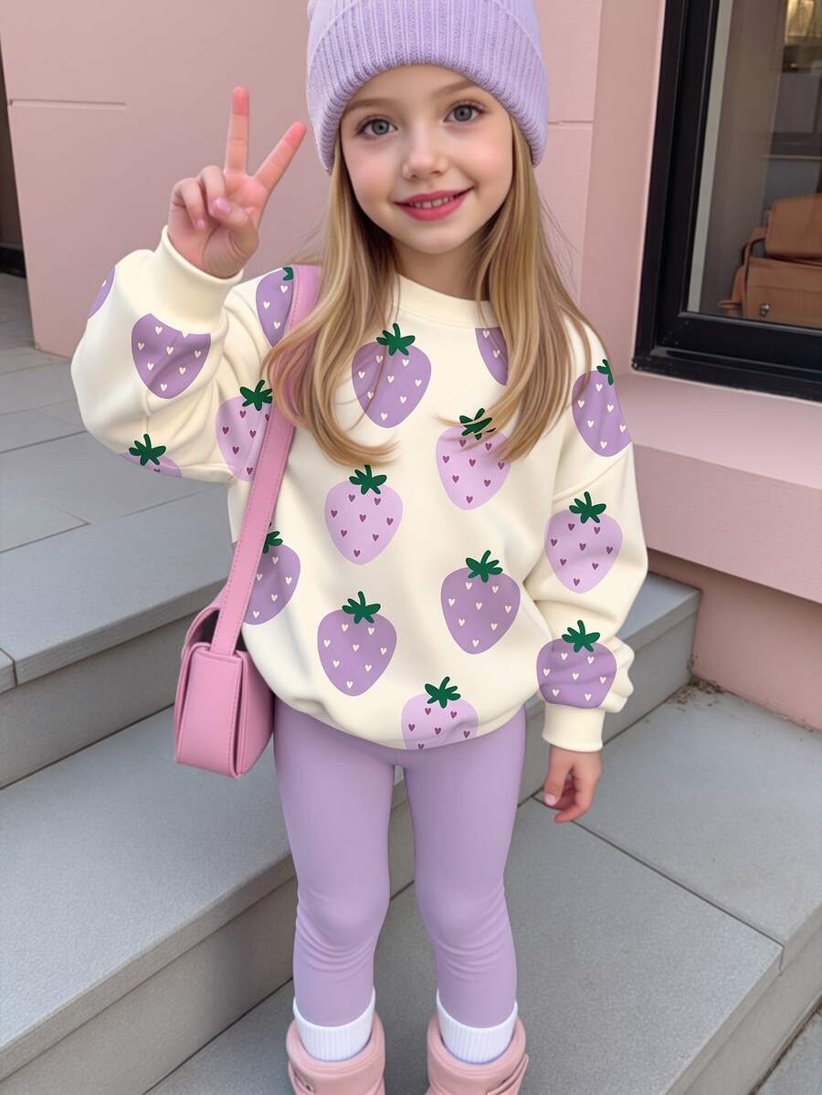 SHEIN Kids Young Girl Casual Crew Neck Long Sleeve Sweatshirt & Leggings 2pcs Set, Suitable For Autumn/Win - Multicolor - View 1