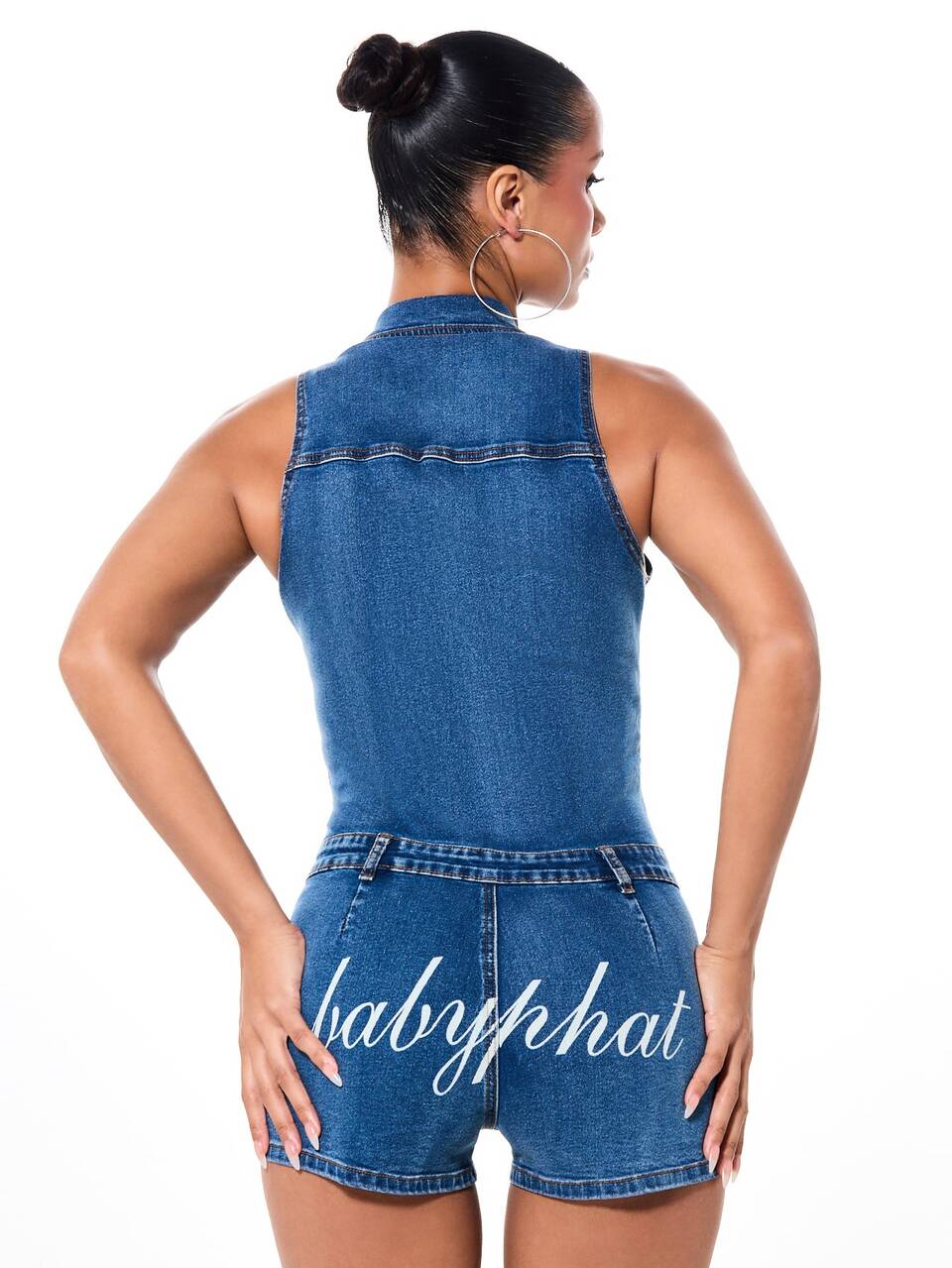 BABYPHAT Women's Collared Zip Front Denim Shorts Jumpsuit With Logo Print Summer Casual Romper