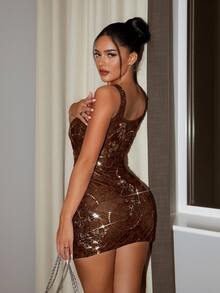 SHEIN SXY 性感亮片無袖迷你棕色與金色洋裝 女款夜店穿搭 演唱會造型 萬聖節 奢華復古 返校日派對 夏季 - 棕色 - 查看 3