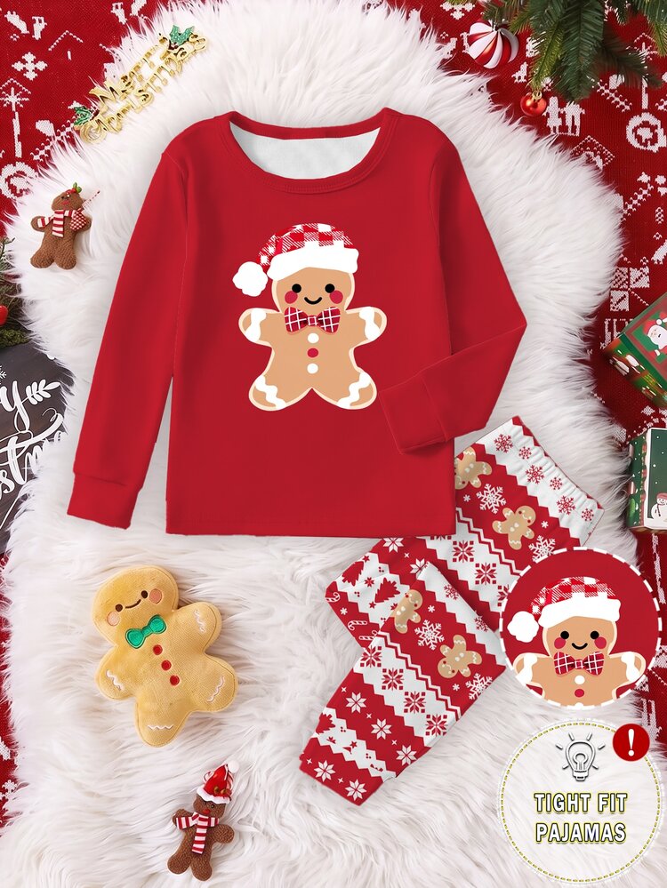 Young Girls Pajamas New Christmas Holiday Style Gingerbread Man Print Knitted High Elastic Round Neck Top With All-Over Christmas Tree & Snowflake Pattern Long Pants 2 Pieces Set Snug Fit Home Wear 1 Set, Christmas Children's Gift - Multicolor - View 4