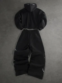 SLATEMANN 男士字母圖案拉鍊連帽衛衣與長褲套裝 - 黑色 - 查看 2