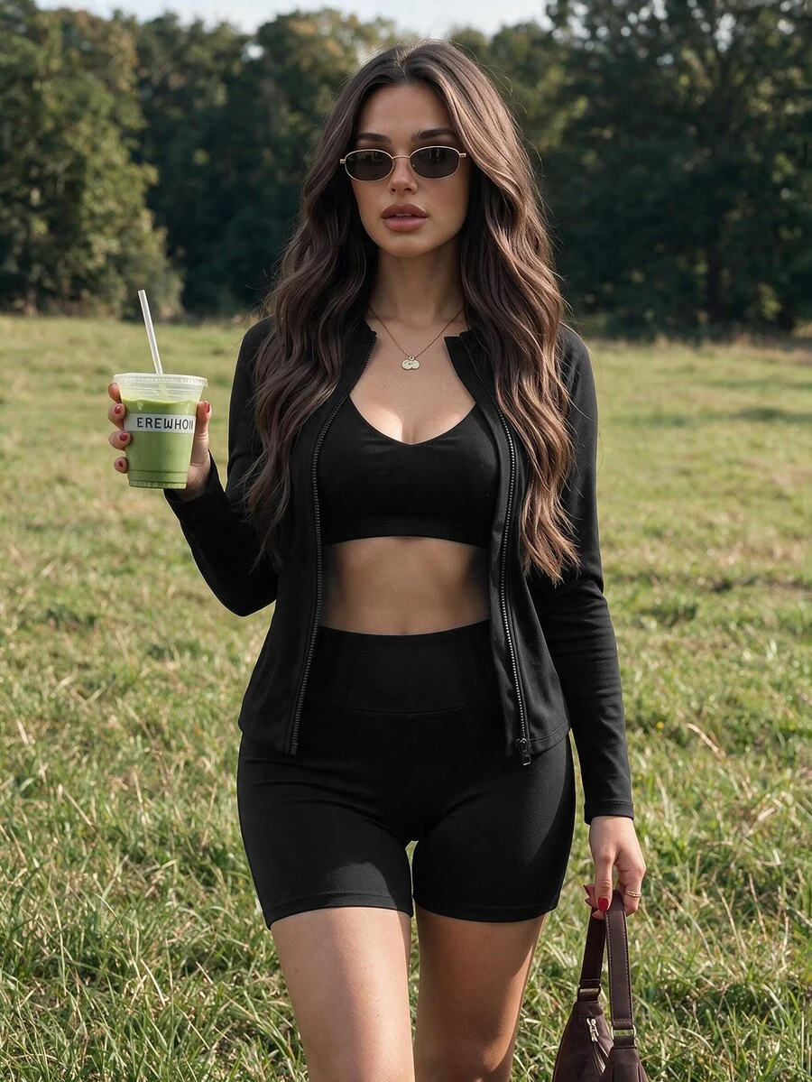 Dewbera Dewbera Conjunto de 3 piezas para mujer de chaqueta con cremallera, top y shorts de unicolor, casual y deportivo para yoga y fitness - Negro - Ver 1