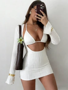 Swim SXY 3pcs/Set Sexy Colorful Hollow Striped Cover-Up, Triangle Bikini Swimwear Set For Women, Spring/Summer - White - View 5