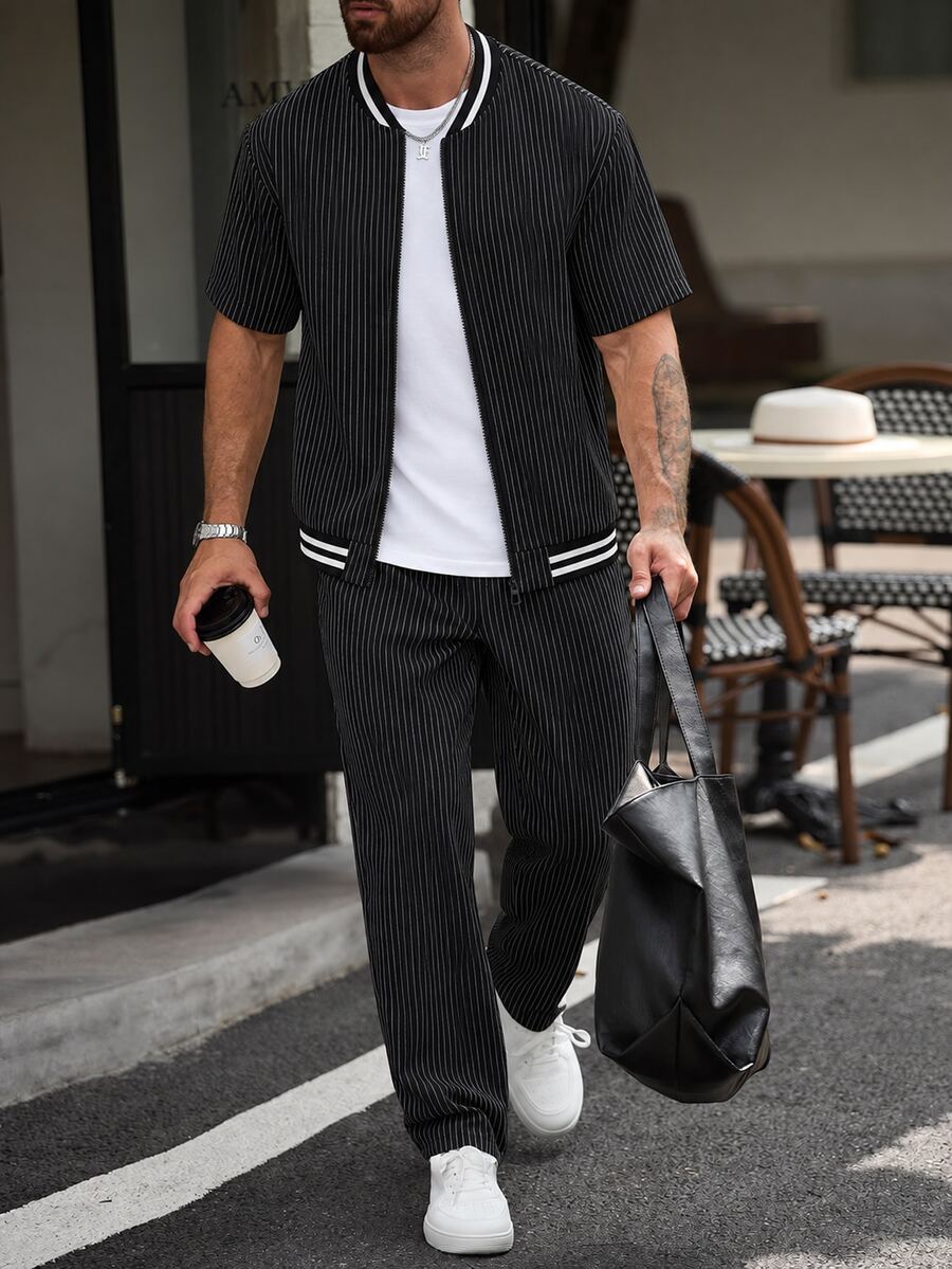 Manfinity CasualCool طقم كاجوال رجالي قميص مخطط بأكمام قصيرة وبنطلون طويل - الأسود - مشاهدة 1