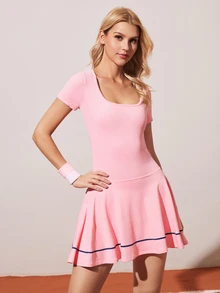 CourtClass CourtClass Women's Casual Round Neck Short Sleeve Tennis Dress - Pink - View 3