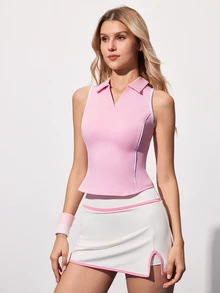 CourtClass CourtClass Women's Summer Contrast Trim Sleeveless Sports Polo Shirt - Pink - View 4