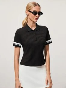 CourtClass CourtClass Women's Contrast Color Polo Collar Button-Up Ribbed Cuff Fitted Short Sleeve Top, Sporty Casual Everyday Wear, Suitable For Tennis, Golf - Black - View 7