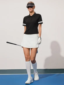 CourtClass CourtClass Women's Contrast Color Polo Collar Button-Up Ribbed Cuff Fitted Short Sleeve Top, Sporty Casual Everyday Wear, Suitable For Tennis, Golf - Black - View 4