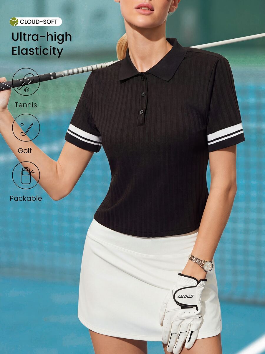 CourtClass CourtClass Women's Contrast Color Polo Collar Button-Up Ribbed Cuff Fitted Short Sleeve Top, Sporty Casual Everyday Wear, Suitable For Tennis, Golf - Black - View 1