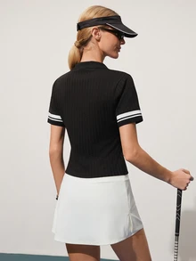 CourtClass CourtClass Women's Contrast Color Polo Collar Button-Up Ribbed Cuff Fitted Short Sleeve Top, Sporty Casual Everyday Wear, Suitable For Tennis, Golf - Black - View 2