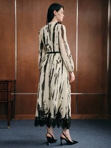 Anewsta Women's Fall/Winter Elegant French Striped Colorblock Lace Patchwork Long Sleeve Dress For Party Wedding Guest Ceremony - Apricot - View 2