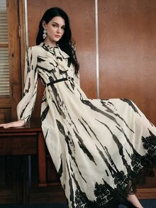 Anewsta Women's Fall/Winter Elegant French Striped Colorblock Lace Patchwork Long Sleeve Dress For Party Wedding Guest Ceremony - Apricot - View 7