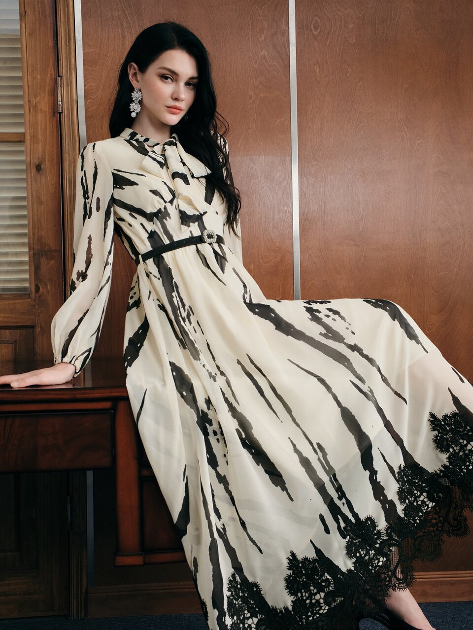 Women's Fall/Winter Elegant French Striped Colorblock Lace Patchwork Long Sleeve Dress For Party Wedding Guest Ceremony