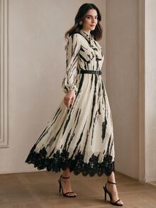 Anewsta Women's Fall/Winter Elegant French Striped Colorblock Lace Patchwork Long Sleeve Dress For Party Wedding Guest Ceremony - Apricot - View 4