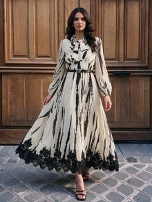 Anewsta Women's Fall/Winter Elegant French Striped Colorblock Lace Patchwork Long Sleeve Dress For Party Wedding Guest Ceremony - Apricot - View 6