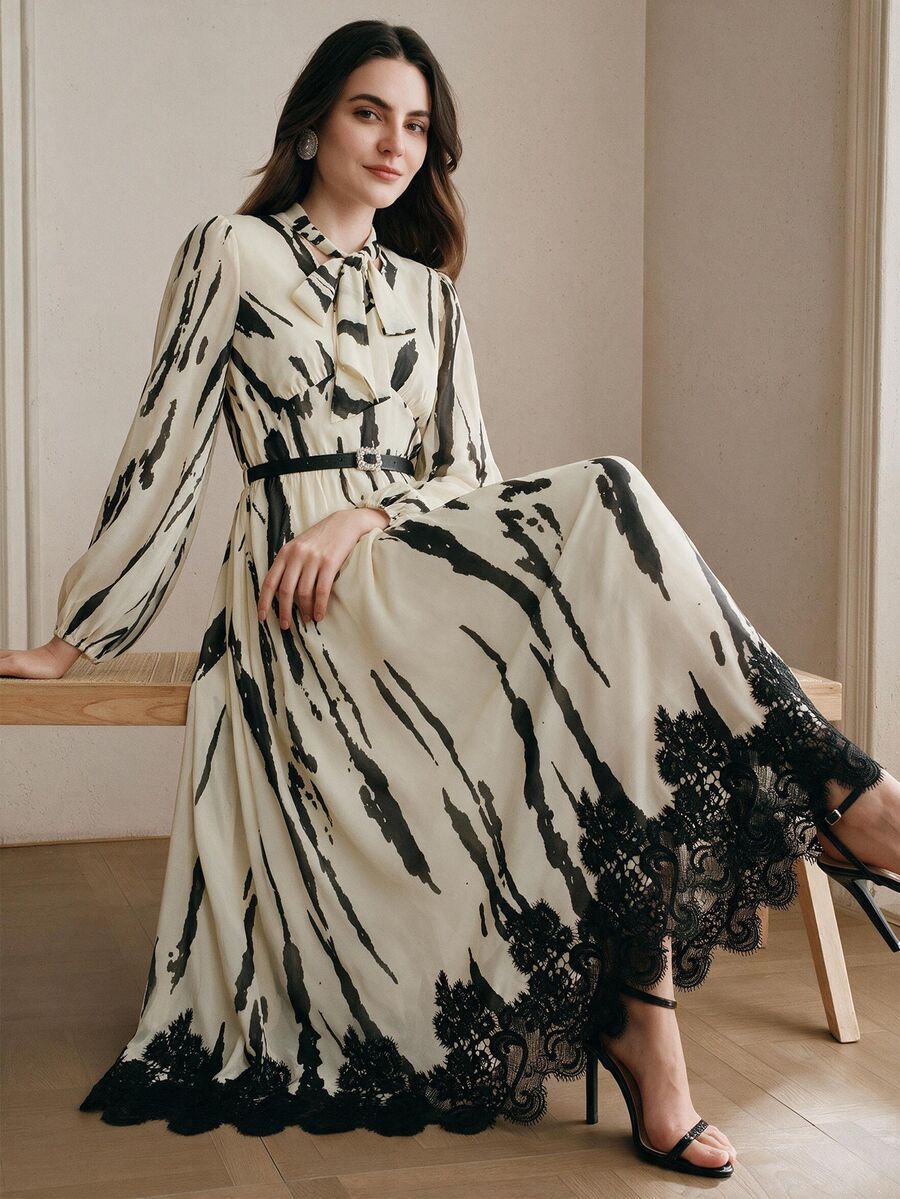 Anewsta Women's Fall/Winter Elegant French Striped Colorblock Lace Patchwork Long Sleeve Dress For Party Wedding Guest Ceremony - Apricot - View 1