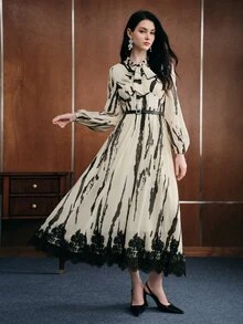 Anewsta Women's Fall/Winter Elegant French Striped Colorblock Lace Patchwork Long Sleeve Dress For Party Wedding Guest Ceremony - Apricot - View 5