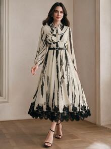 Anewsta Women's Fall/Winter Elegant French Striped Colorblock Lace Patchwork Long Sleeve Dress For Party Wedding Guest Ceremony - Apricot - View 3