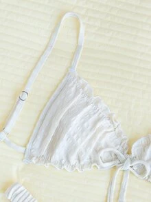 Swim Mod 纹理面料荷叶边前系带蝴蝶结腰褶可爱甜美时尚活泼派对 2 件比基尼套装 - 米色 - 查看 5