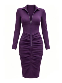 Balvessa Lapel Front Long Zipper Long Sleeve Waist Double Side Ruched Fitted Bodycon Fashion Elegant Women's Dress - Purple - View 5