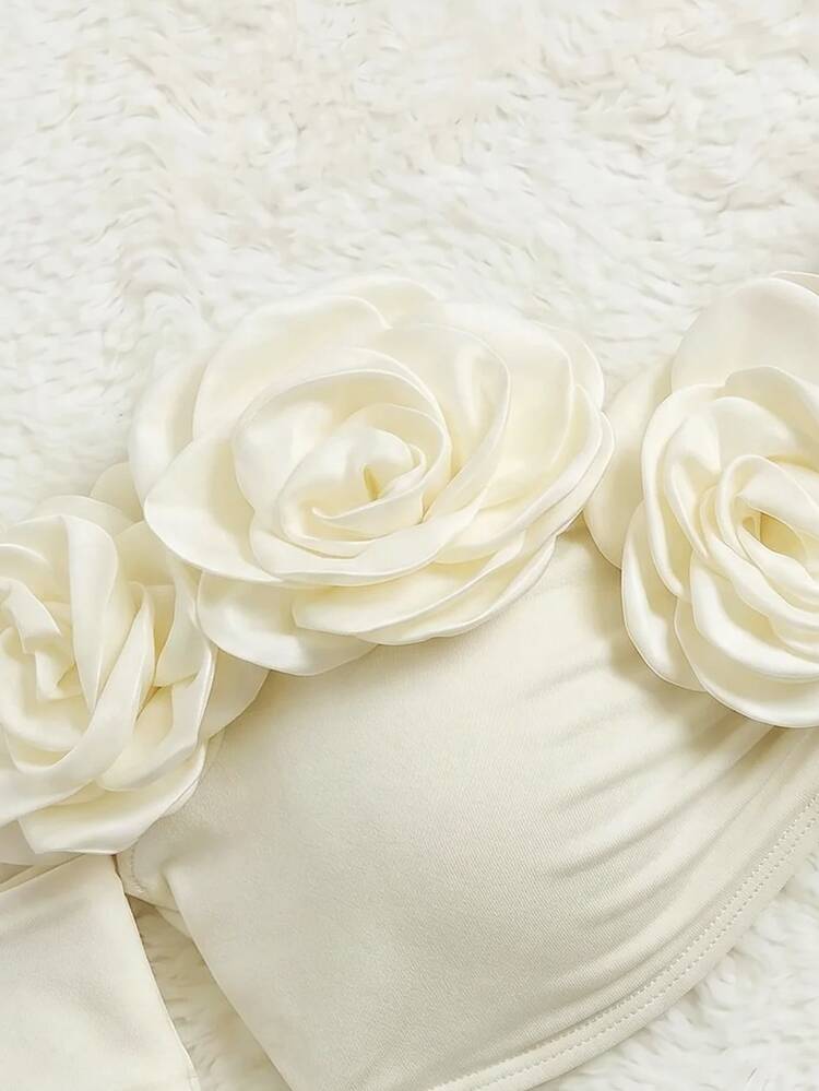 Bonvoyette 女款夏季海灘 3D 花卉裝飾性感比基尼三角褲兩件式泳衣套裝附裙子 - 米色 - 查看 5