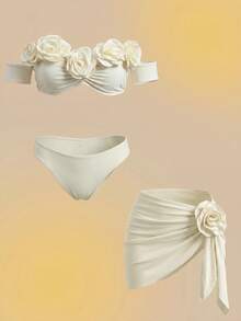 Bonvoyette Women's Summer Beach 3D Floral Decor Sexy Bikini & Triangle Bottom Two-Piece Swimwear Set With Skirt - Beige - View 4