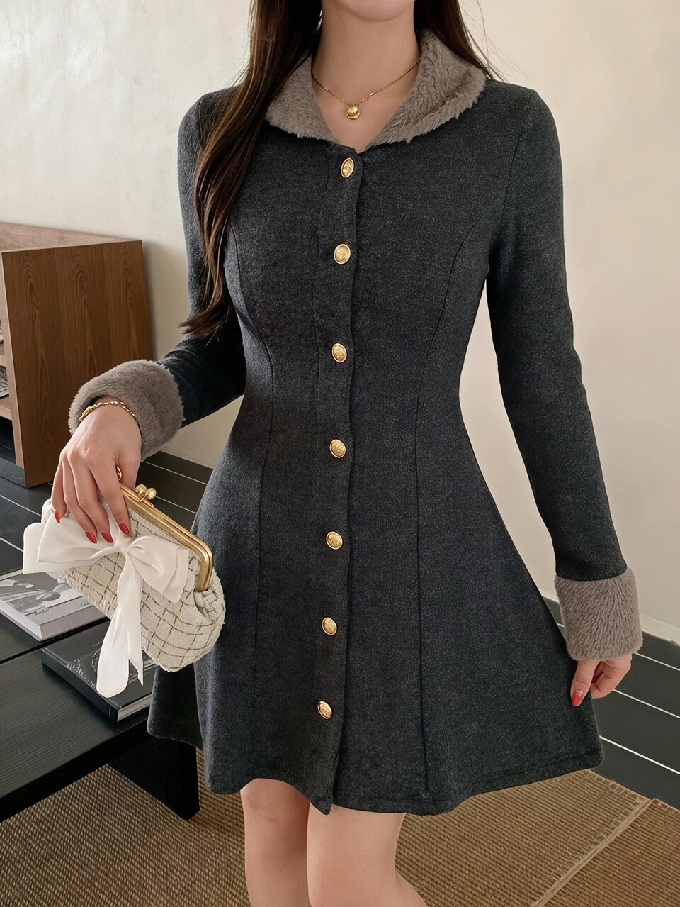 Women's Autumn/Winter Plush Collar Long Sleeve Dark Gray Knitted Wool Blend Metal Button Decor Cinched Waist A-Line Elegant French Brunch Dress