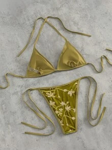 Swim Mod Summer Vacation Sexy Beaded Halter Backless Tie Bikini Set Triangle Bikinis St Patricks Day Holiday Bathingsuits - Green - View 4