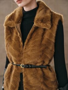 Anewsta Women's Autumn/Winter Lapel Faux Mink Wavy Embossed Vest Jacket - Coffee Brown - View 5
