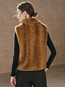 Anewsta Women's Autumn/Winter Lapel Faux Mink Wavy Embossed Vest Jacket - Coffee Brown - View 2