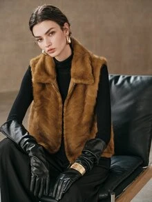 Anewsta Women's Autumn/Winter Lapel Faux Mink Wavy Embossed Vest Jacket - Coffee Brown - View 7