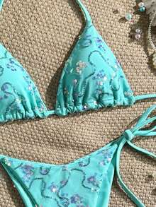 Costavie Swim Mod-D 两件套彩色亮片特殊面料三角罩杯文胸和侧系带泳裤性感比基尼套装，春夏款绿松石色比基尼，蓝绿色比基尼，闪光比基尼，蓝绿色系带比基尼套装，亮片比基尼，假日绿松石色亮片比基尼，蓝绿色亮片比基尼，女士比基尼套装，女士泳衣，全包覆式女士泳装套装，女士泳衣，女士两件套 - 薄荷藍 - 查看 3