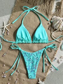 Costavie Swim Mod-D 两件套彩色亮片特殊面料三角罩杯文胸和侧系带泳裤性感比基尼套装，春夏款绿松石色比基尼，蓝绿色比基尼，闪光比基尼，蓝绿色系带比基尼套装，亮片比基尼，假日绿松石色亮片比基尼，蓝绿色亮片比基尼，女士比基尼套装，女士泳衣，全包覆式女士泳装套装，女士泳衣，女士两件套 - 薄荷藍 - 查看 2