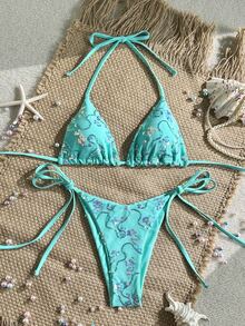 Costavie Swim Mod-D 两件套彩色亮片特殊面料三角罩杯文胸和侧系带泳裤性感比基尼套装，春夏款绿松石色比基尼，蓝绿色比基尼，闪光比基尼，蓝绿色系带比基尼套装，亮片比基尼，假日绿松石色亮片比基尼，蓝绿色亮片比基尼，女士比基尼套装，女士泳衣，全包覆式女士泳装套装，女士泳衣，女士两件套 - 薄荷藍 - 查看 5