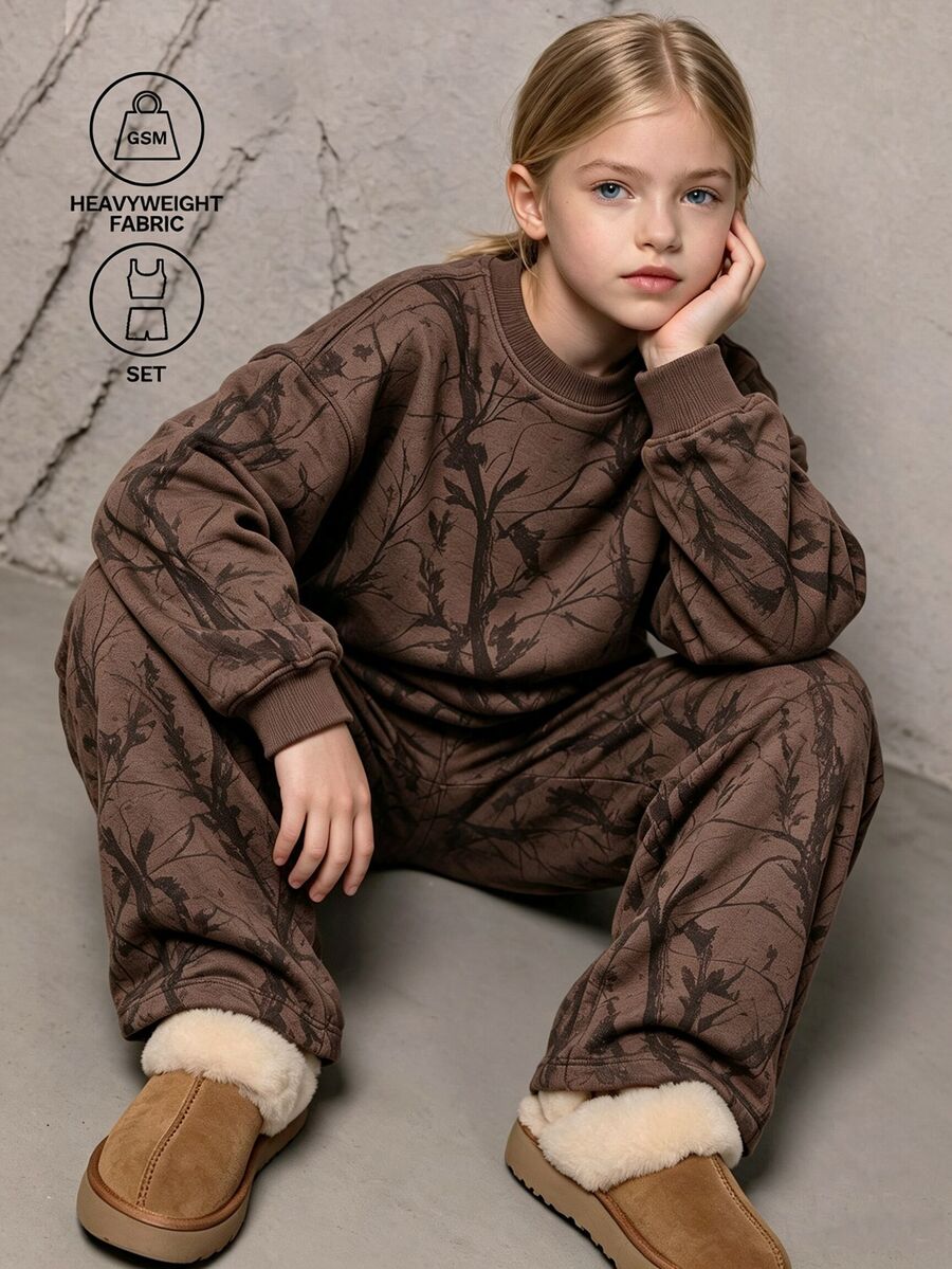 SHEIN Tween Girl Tropical Print Drop Shoulder Pullover Sweatshirt & Sweatpants Set - Brown - View 1