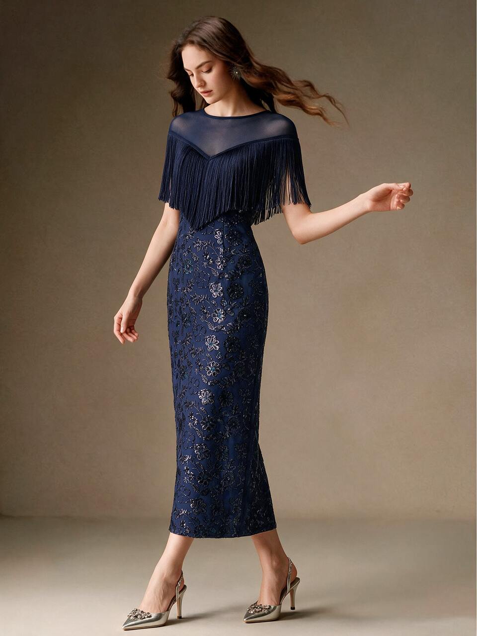 Anewsta Elegant Party, Event, Dinner Date Fringe Decor Sequin Embroidered Women's Long Dress Wedding Navy Blue Floral Winter/Autumn