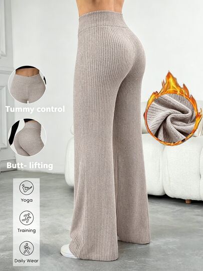 Lucivie Women's Elegant Casual Elegant Daily Knit Bottom Stretch Rib Fabric Unique Crisscross Waist Wavy Edge Flared Leg,Fall Workout Street Daily Wear Pants