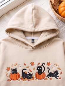 SHEIN EZwear 休閒極簡萬聖節貓咪南瓜楓葉刺繡圖案杏色連帽長袖寬鬆女款加厚衛衣，秋冬風格，適合日常通勤、約會、派對、秋冬、夏季、派對、婚禮、海灘、畢業典禮等場合，優雅休閒，適合外出、Y2K風格、音樂節等活動、萬聖節派對 - 杏色 - 查看 4