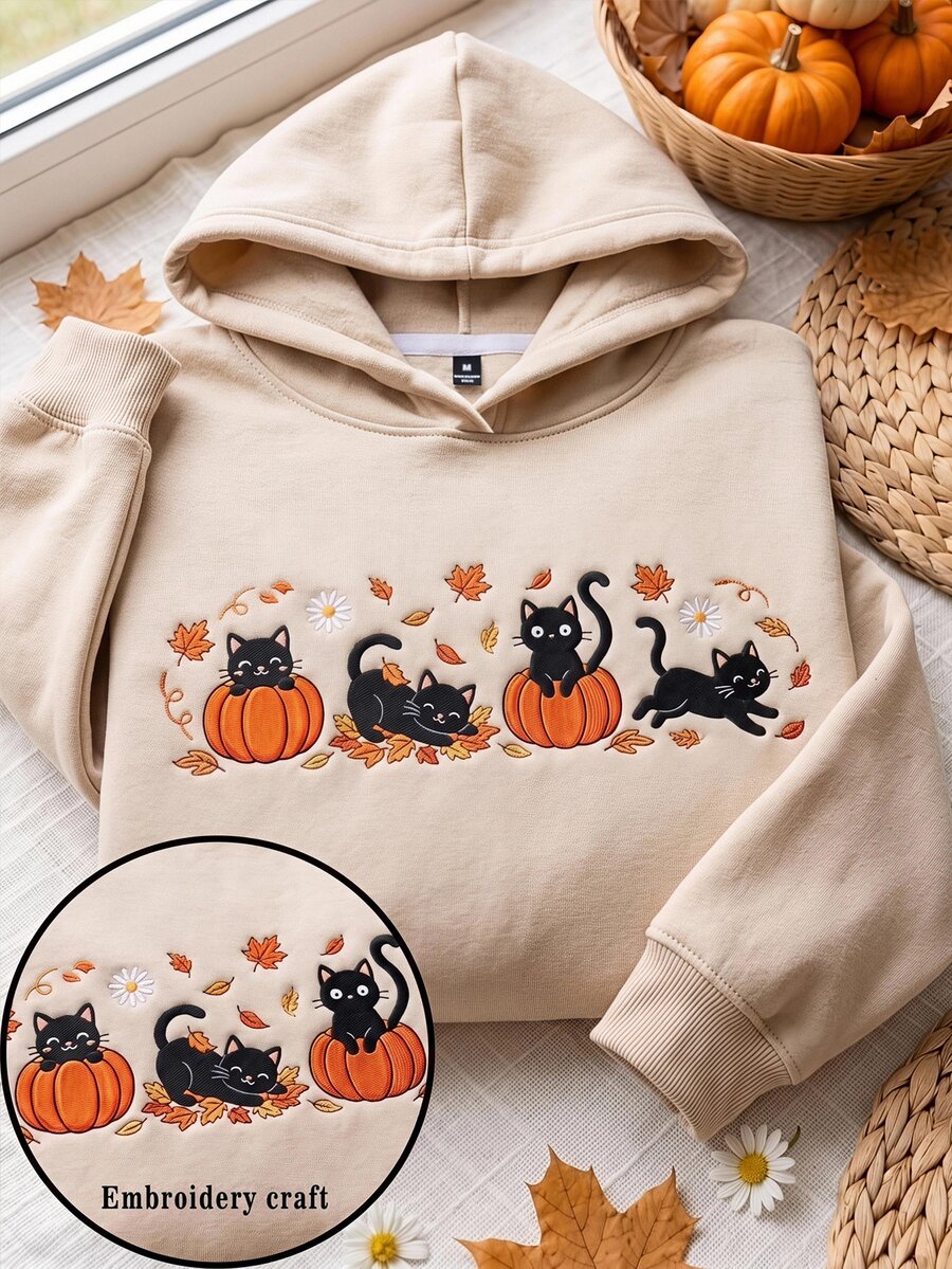 SHEIN EZwear 休閒極簡萬聖節貓咪南瓜楓葉刺繡圖案杏色連帽長袖寬鬆女款加厚衛衣，秋冬風格，適合日常通勤、約會、派對、秋冬、夏季、派對、婚禮、海灘、畢業典禮等場合，優雅休閒，適合外出、Y2K風格、音樂節等活動、萬聖節派對 - 杏色 - 查看 1