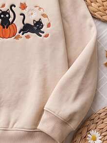SHEIN EZwear 休閒極簡萬聖節貓咪南瓜楓葉刺繡圖案杏色連帽長袖寬鬆女款加厚衛衣，秋冬風格，適合日常通勤、約會、派對、秋冬、夏季、派對、婚禮、海灘、畢業典禮等場合，優雅休閒，適合外出、Y2K風格、音樂節等活動、萬聖節派對 - 杏色 - 查看 5