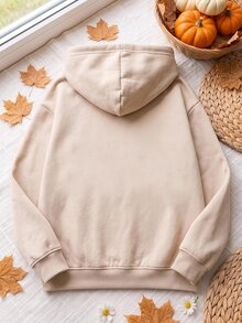 SHEIN EZwear 休閒極簡萬聖節貓咪南瓜楓葉刺繡圖案杏色連帽長袖寬鬆女款加厚衛衣，秋冬風格，適合日常通勤、約會、派對、秋冬、夏季、派對、婚禮、海灘、畢業典禮等場合，優雅休閒，適合外出、Y2K風格、音樂節等活動、萬聖節派對 - 杏色 - 查看 2