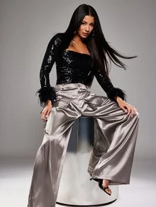 NYA SZN Pants High Rise Cargo Pocket Wide Leg Flowy Loose Summer Satin Brown Luxury For Women - Brown - View 4