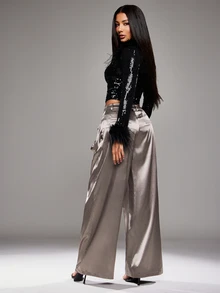 NYA SZN Pants High Rise Cargo Pocket Wide Leg Flowy Loose Summer Satin Brown Luxury For Women - Brown - View 2