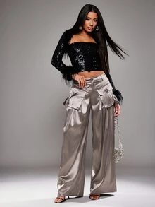 NYA SZN Pants High Rise Cargo Pocket Wide Leg Flowy Loose Summer Satin Brown Luxury For Women - Brown - View 3