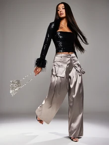 NYA SZN Pants High Rise Cargo Pocket Wide Leg Flowy Loose Summer Satin Brown Luxury For Women - Brown - View 1