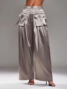 NYA SZN Pants High Rise Cargo Pocket Wide Leg Flowy Loose Summer Satin Brown Luxury For Women - Brown - View 6