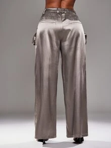 NYA SZN Pants High Rise Cargo Pocket Wide Leg Flowy Loose Summer Satin Brown Luxury For Women - Brown - View 7