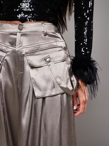 NYA SZN Pants High Rise Cargo Pocket Wide Leg Flowy Loose Summer Satin Brown Luxury For Women - Brown - View 5