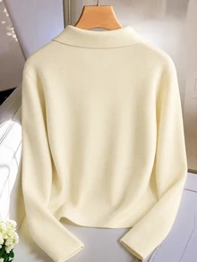 EMERY ROSE Plus Size Women's Autumn/Winter Casual Knit Top, Minimalist Versatile Gentle Style, Turn-Down Collar V-Neck Ribbed Cuffs With Gold Buttons, Slim Fit, Suitable For Autumn/Winter Wear - Apricot - View 2