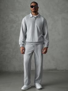 SLATEMANN Men's Long Sleeve Zip-Up Half-Placket Pullover Sweatshirt And Drawstring Waist Long Pants Set - Grey - View 6